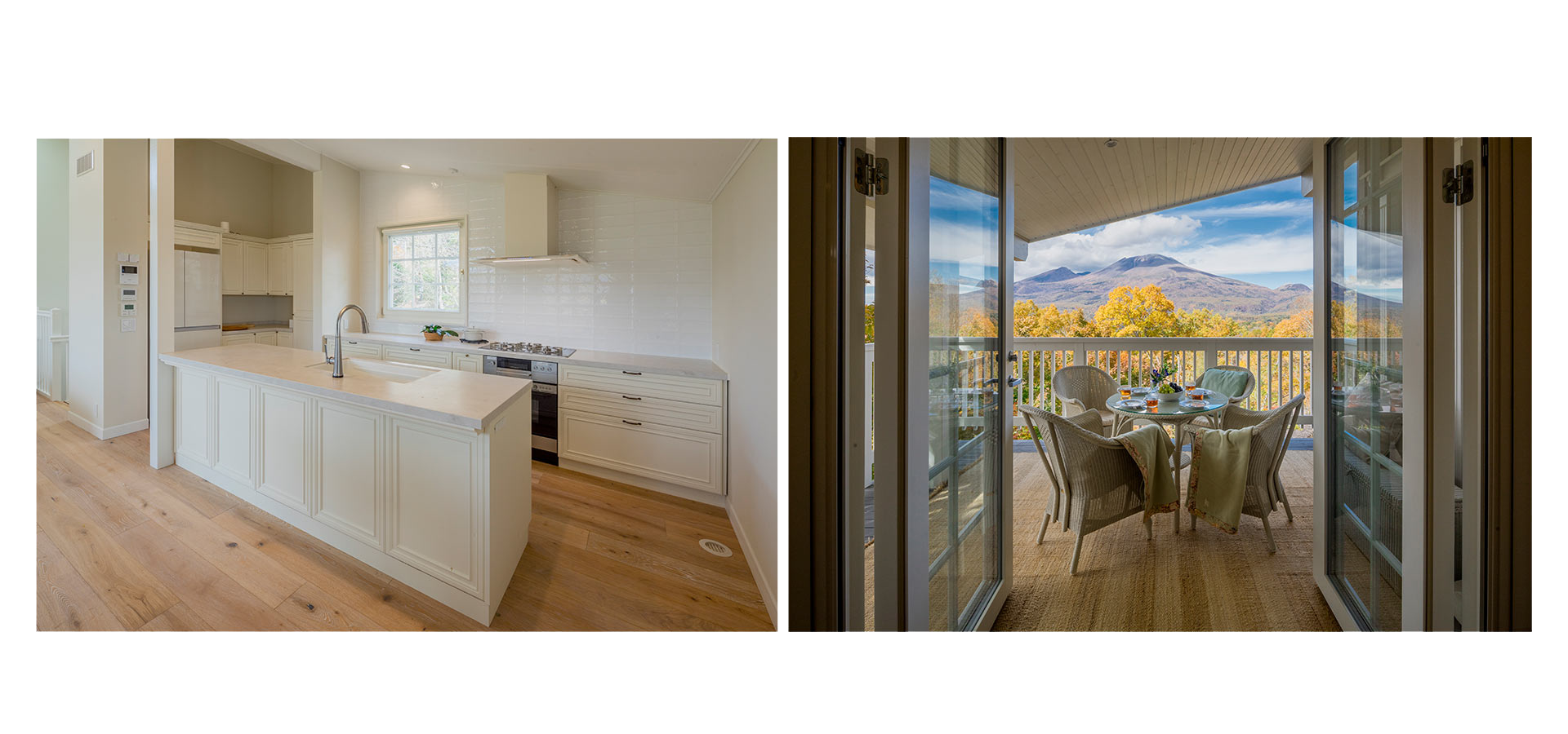 白を基調としたアイランドと、両開きドアのテラス